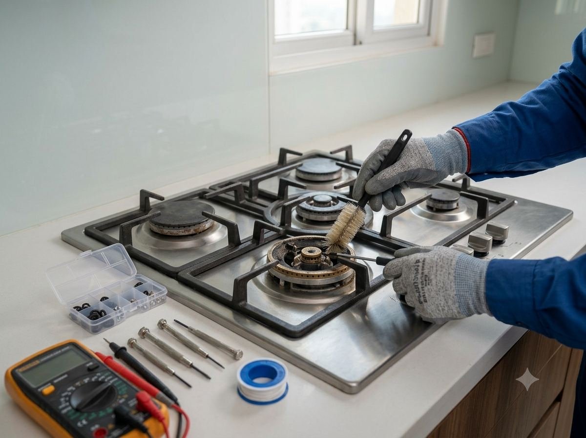 Close-up of technician hands cleaning a gas stove burner with a wire brush and tools laid out