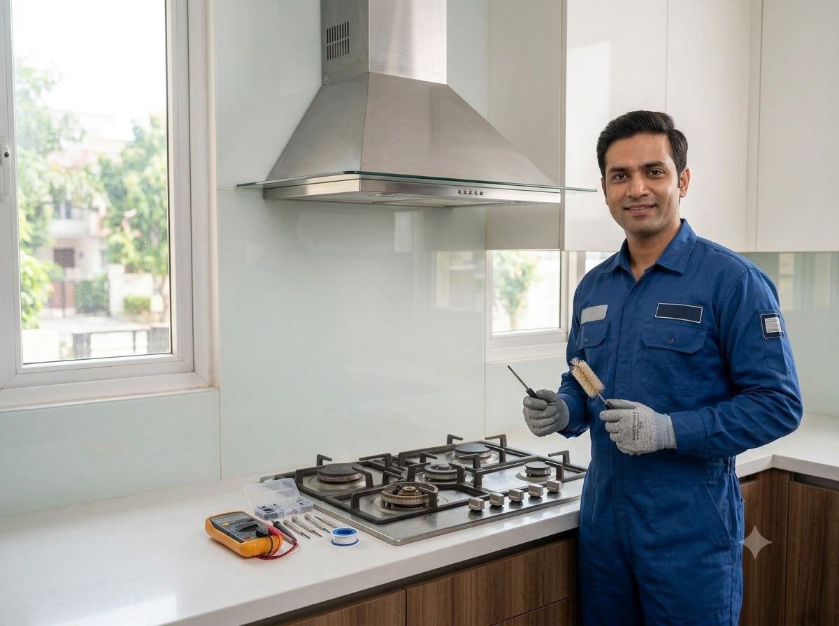 R.K Gas Repairing technician standing beside a repaired gas hob and chimney in a Gurugram kitchen