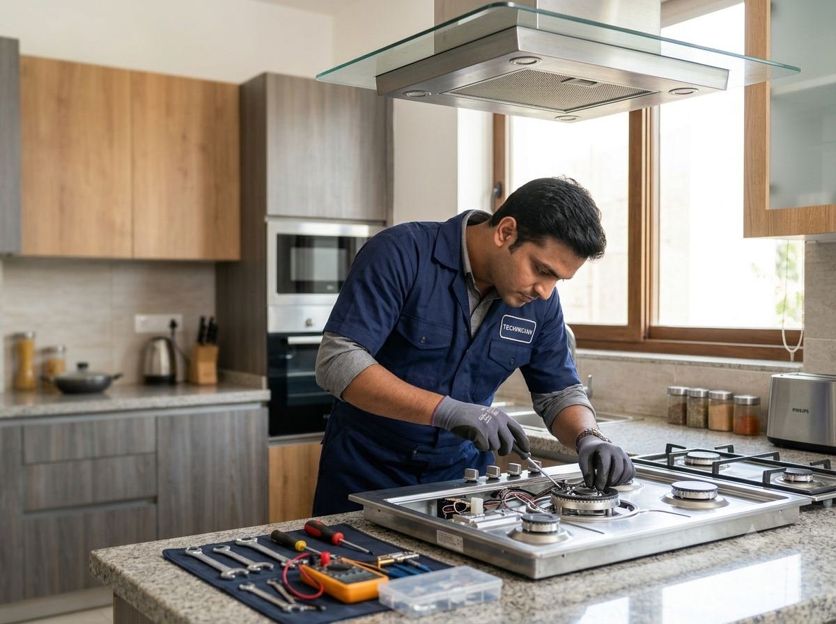 Technician repairing the internal wiring of a gas hob on a kitchen counter