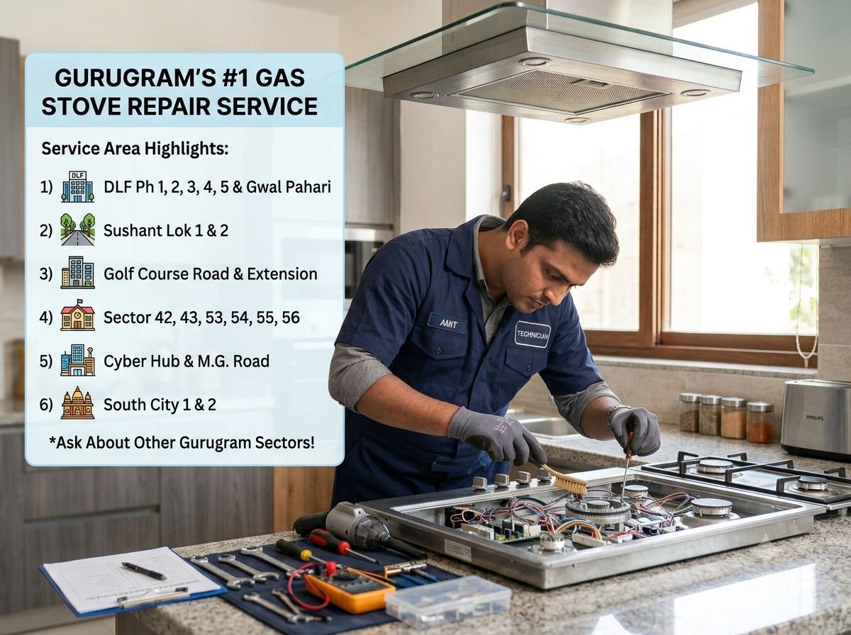 R.K Gas Repairing technician repairing a gas hob with sector service area information displayed alongside